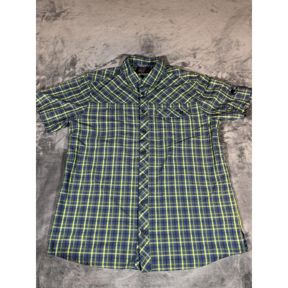 Mammut Shirt Mens Medium Blue Plaid Short Sleeve Button Up Hiking Trail Casual